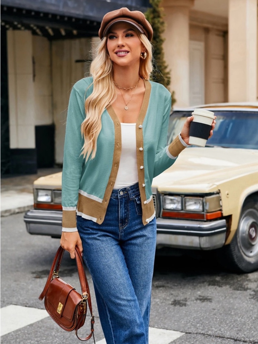 Grace Karin Light Teal &Tan Button-Up V-Neck Knitted Long Sleeve Cardigan.Size S